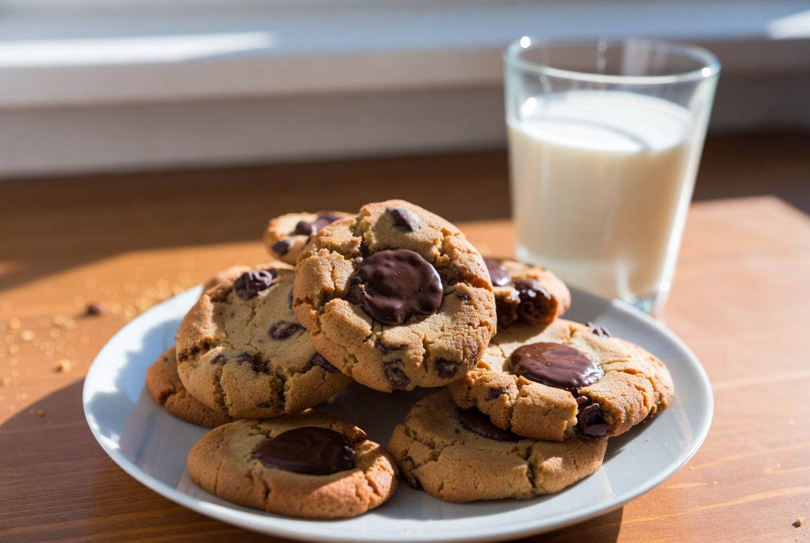 Plate of chocolate chip cookies with milk in sunlight by window