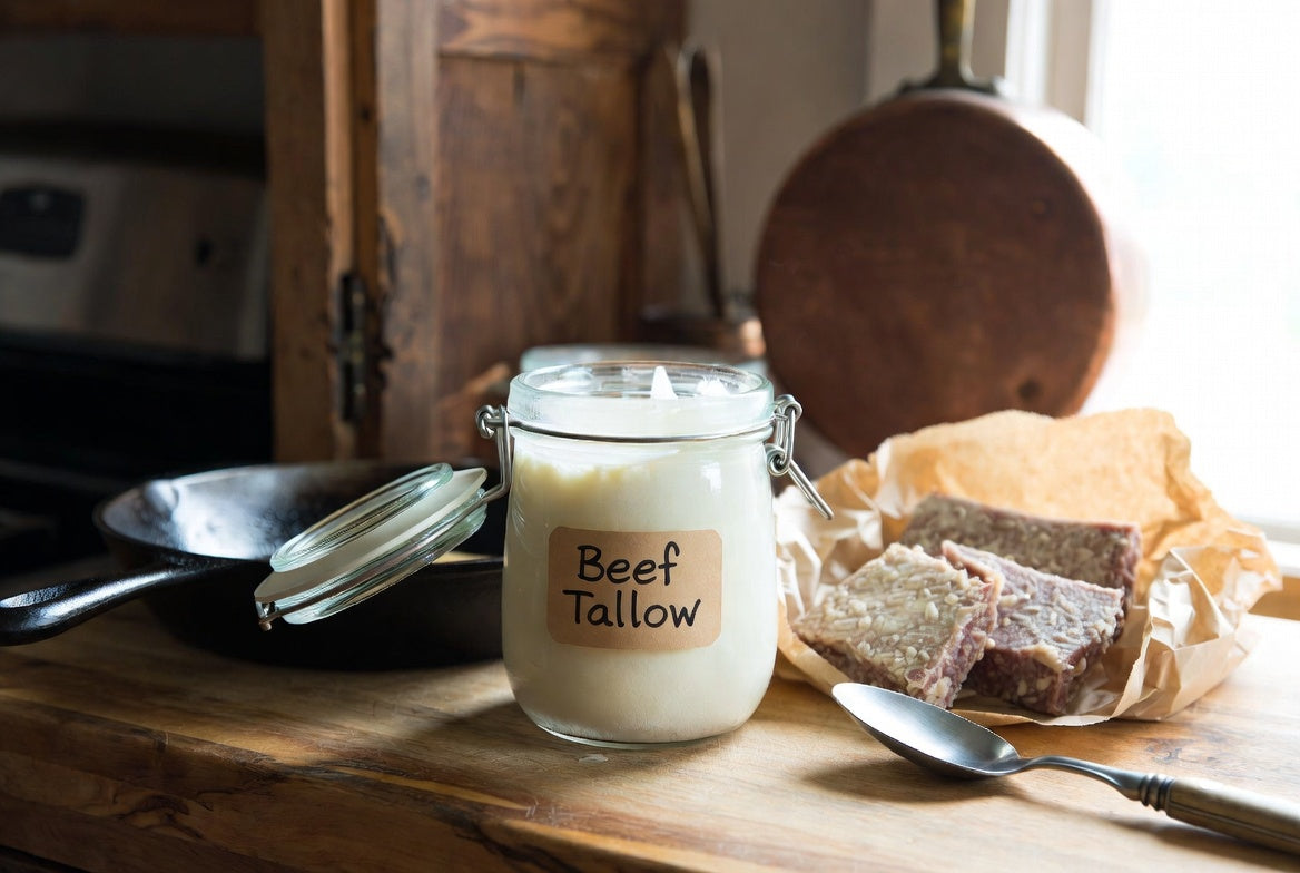 Jar of beef tallow on rustic counter beside skillet and raw beef cuts
