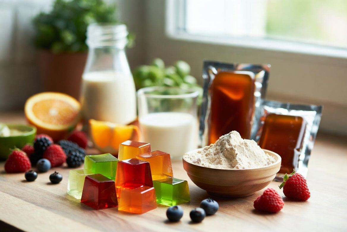 Colorful vegan jelly cubes with agar powder and fresh berries displayed.