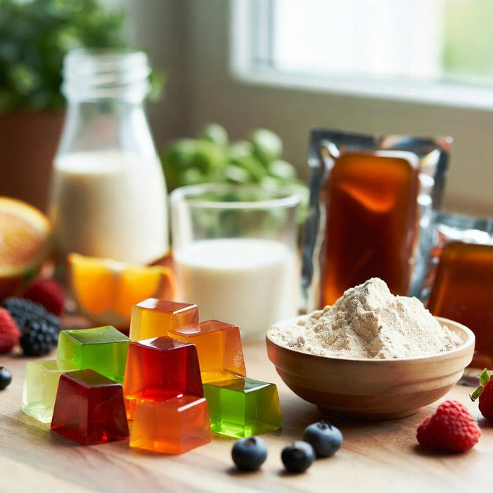Colorful vegan jelly cubes with agar powder and fresh berries displayed.