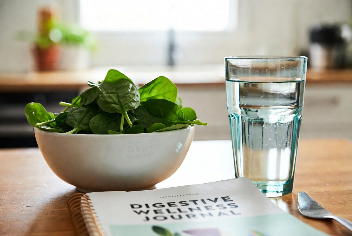 Bowl of fresh spinach beside water and digestive wellness journal