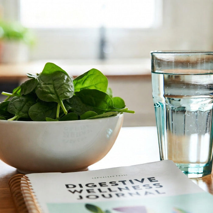 Bowl of fresh spinach beside water and digestive wellness journal