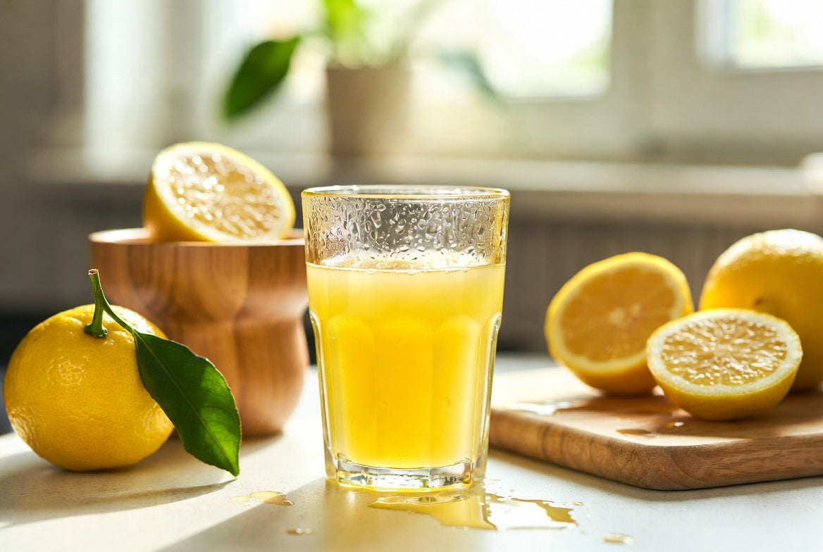 Fresh lemon juice in glass with sliced lemons on kitchen counter