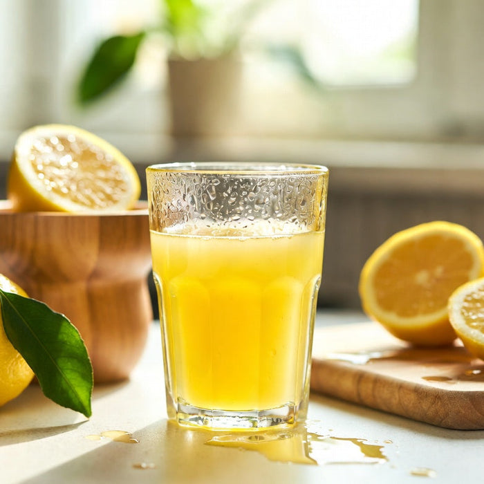 Fresh lemon juice in glass with sliced lemons on kitchen counter