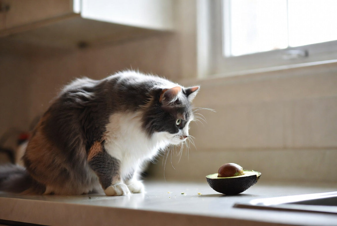 Cat watching a halved avocado on a sunny kitchen counter