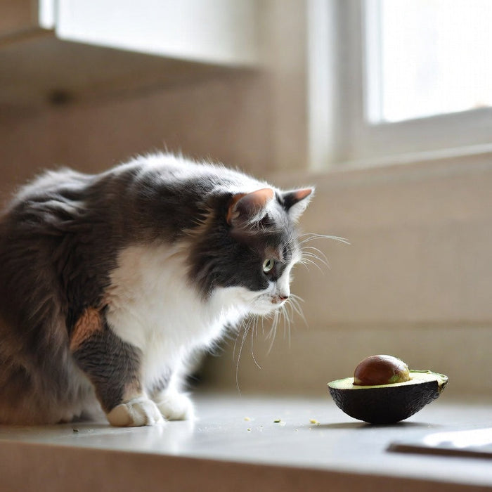 Cat watching a halved avocado on a sunny kitchen counter
