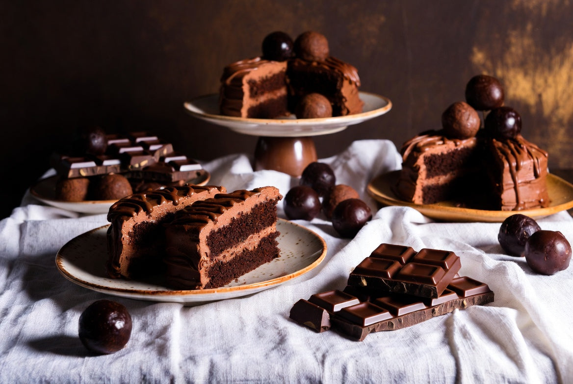 Chocolate cake slices with truffles and chocolate bars on table