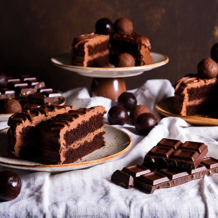 Chocolate cake slices with truffles and chocolate bars on table
