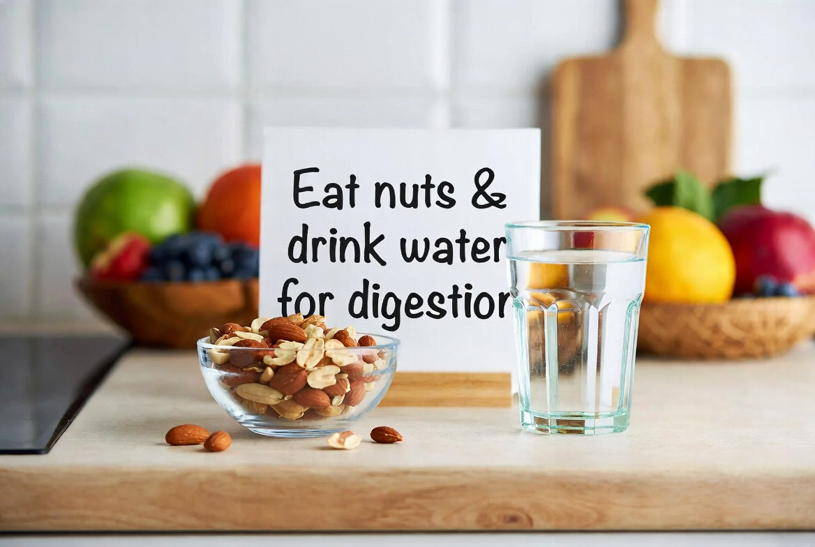 Bowl of mixed nuts and water glass with digestion sign in kitchen