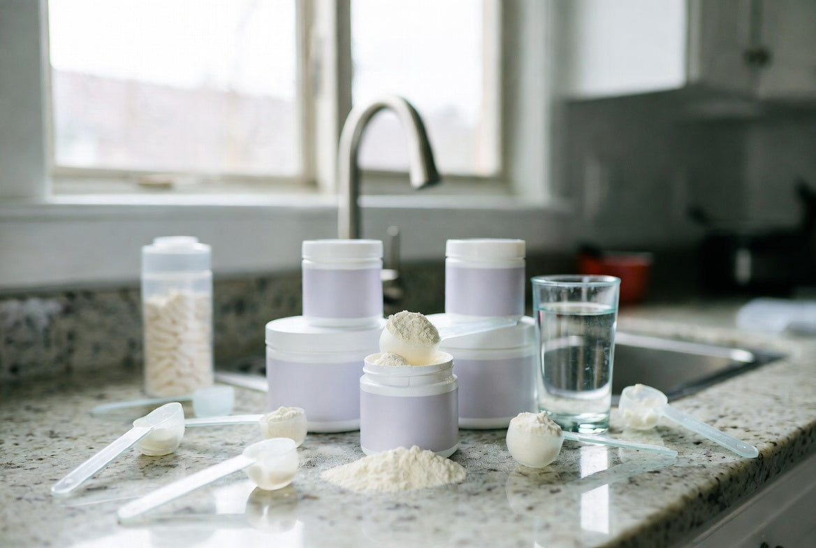 Collagen supplements, powder scoops, capsules, and water on counter
