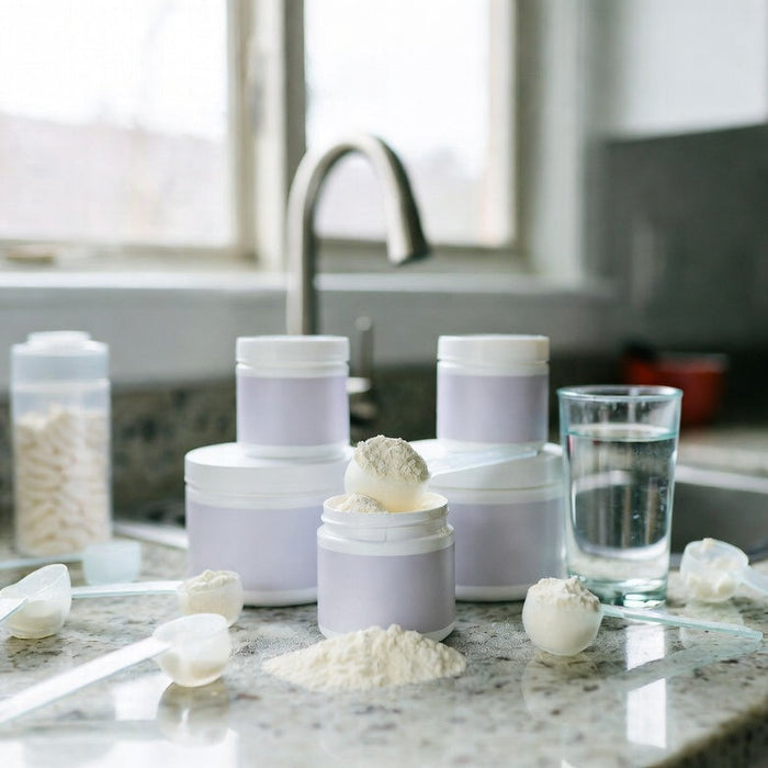 Collagen supplements, powder scoops, capsules, and water on counter