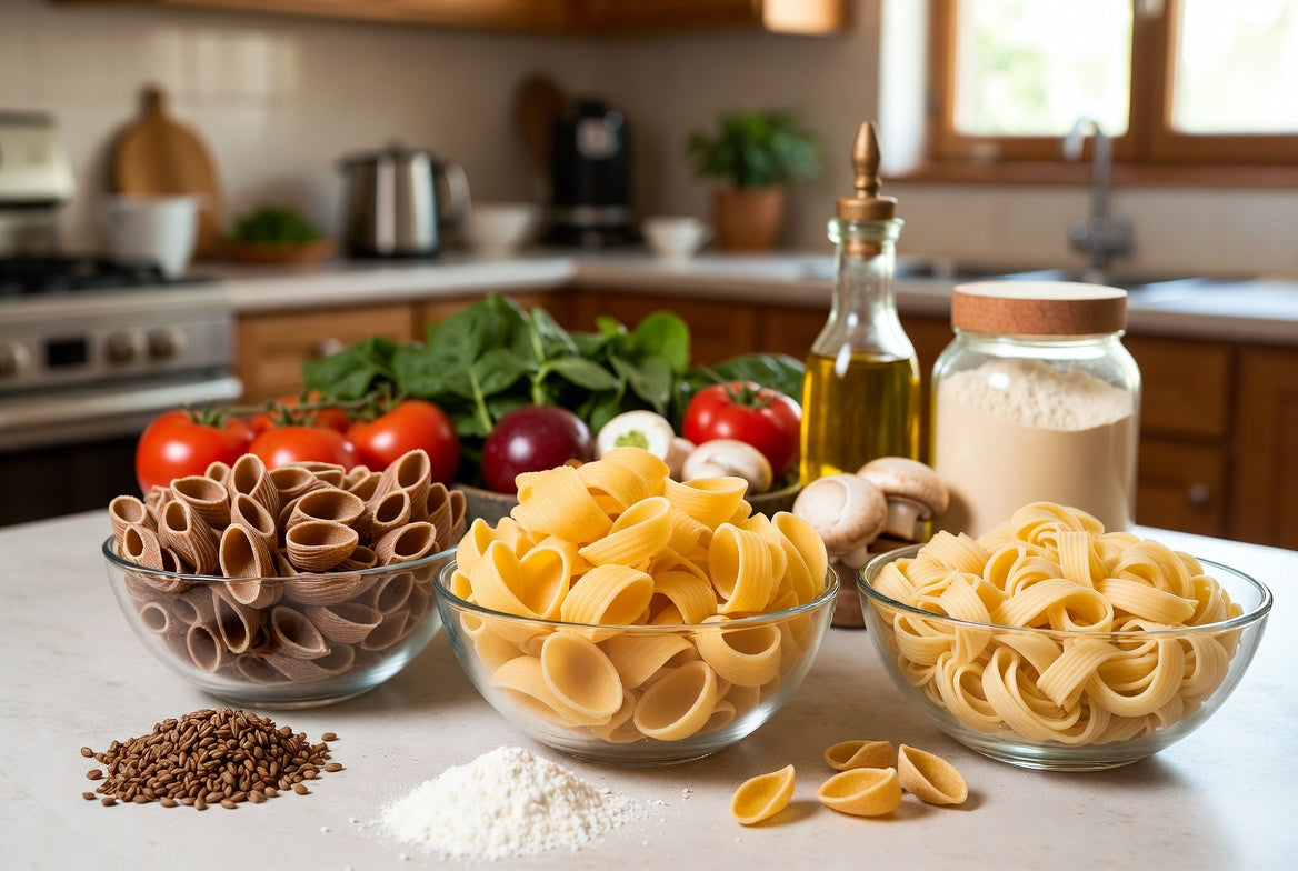 Whole wheat and regular pasta with fiber-rich ingredients on counter