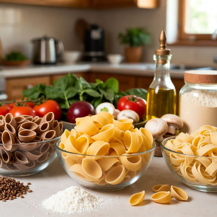 Whole wheat and regular pasta with fiber-rich ingredients on counter