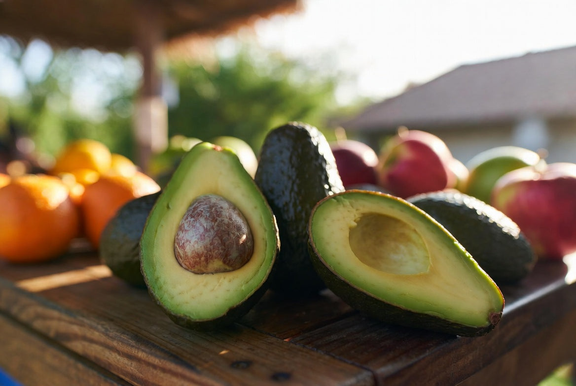 Fresh avocados cut open beside apples and oranges on a table