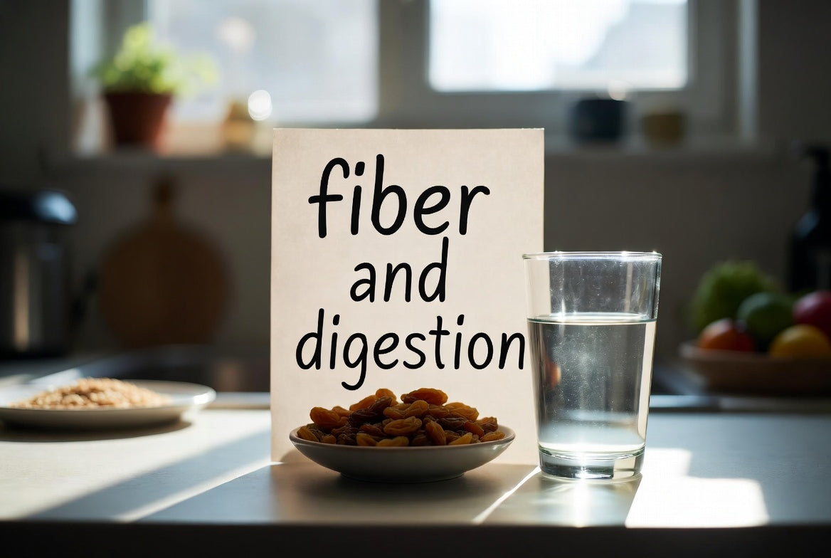 Raisins, water, and fiber digestion sign on counter
