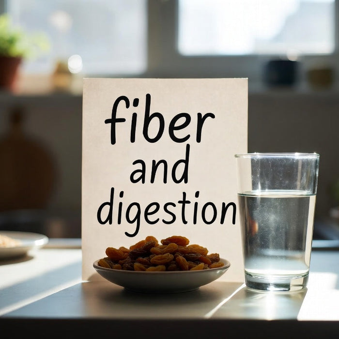 Raisins, water, and fiber digestion sign on counter