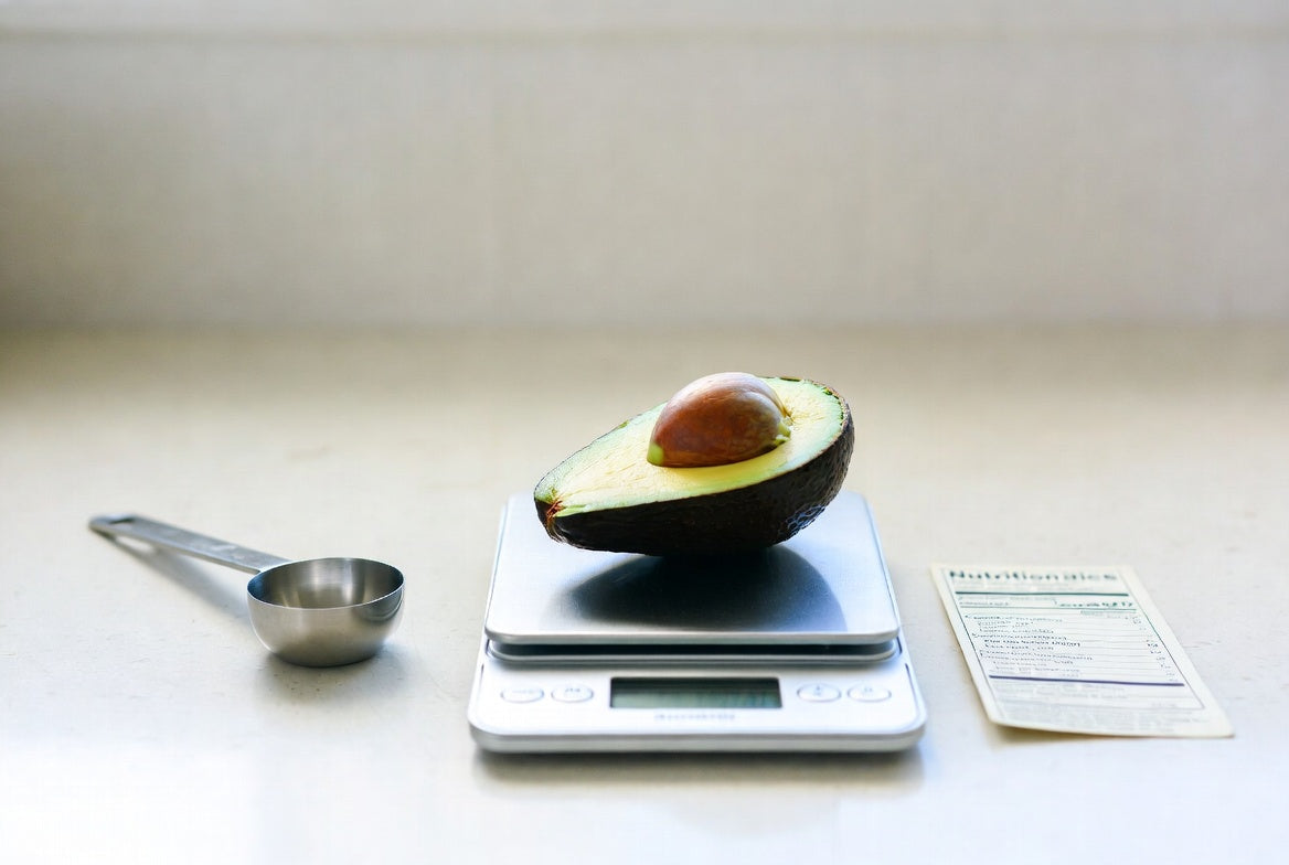 Halved avocado on a food scale with nutrition card nearby