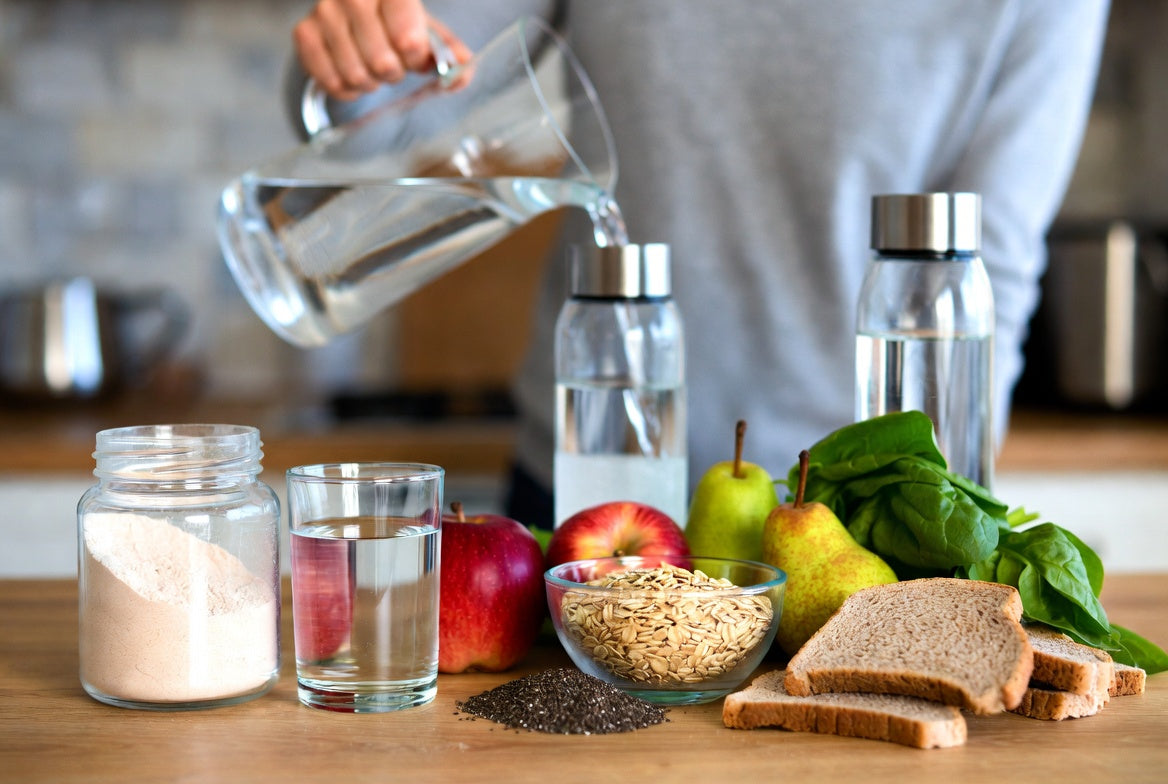 Collagen powder with fiber-rich foods and water for healthy digestion