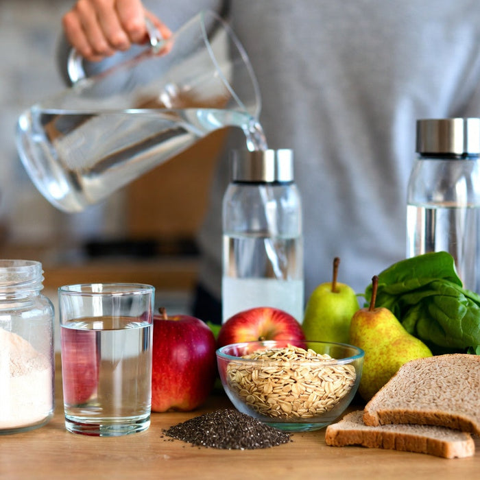 Collagen powder with fiber-rich foods and water for healthy digestion
