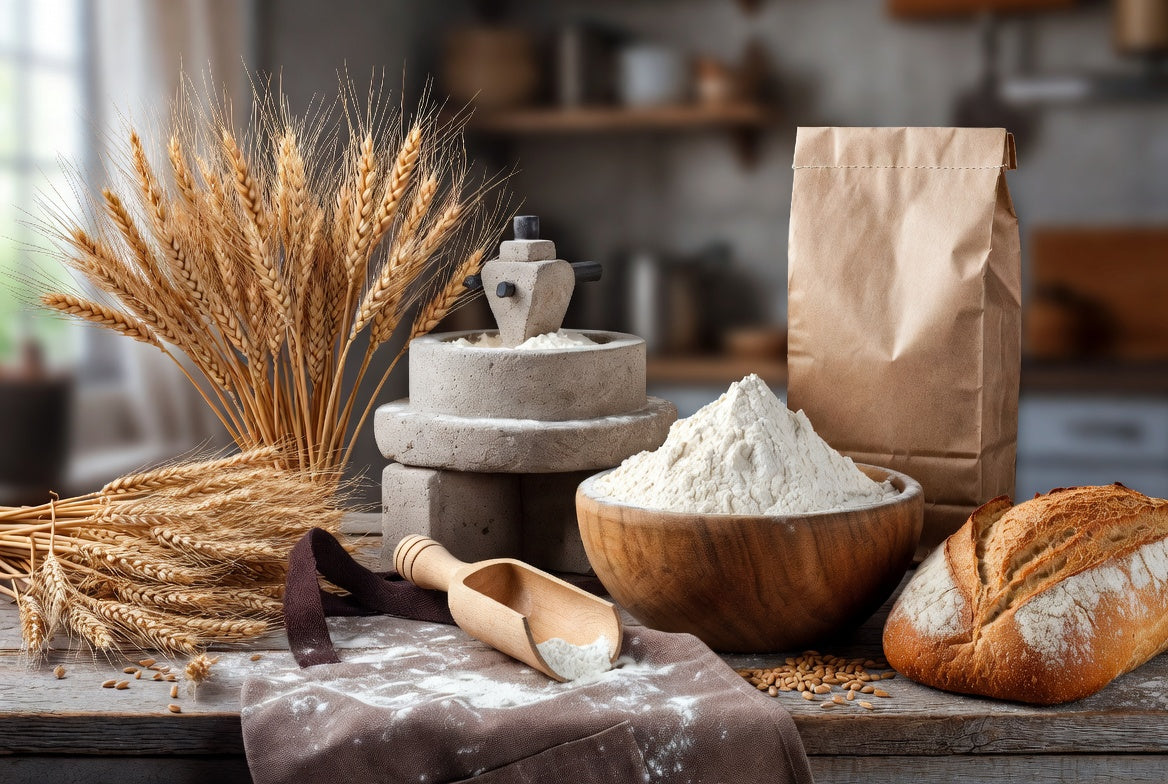 Wheat, stone mill, fresh flour, and artisan bread on rustic table