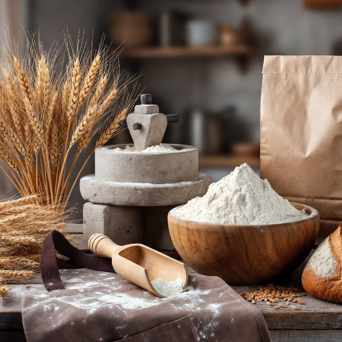 Wheat, stone mill, fresh flour, and artisan bread on rustic table