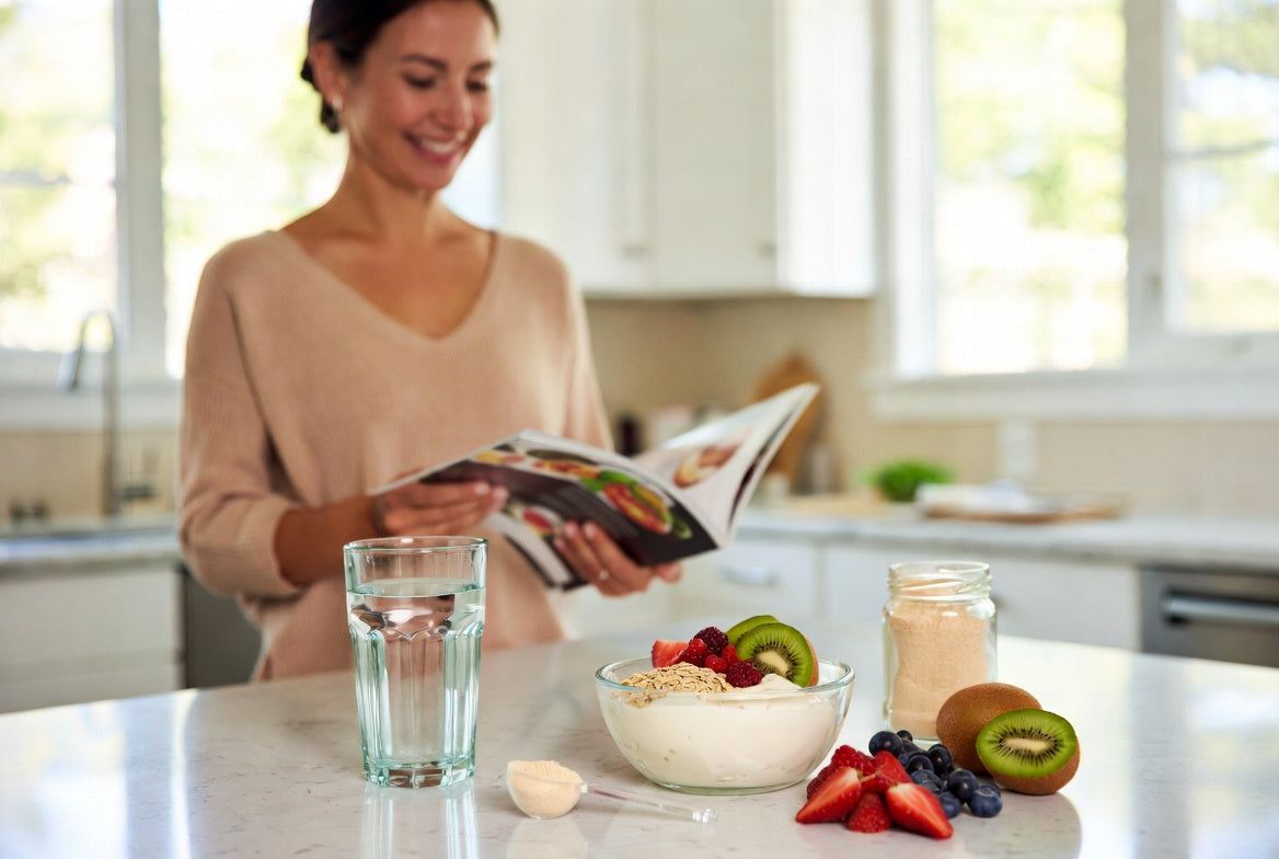 Collagen powder with yogurt, fruit, and water for digestive wellness