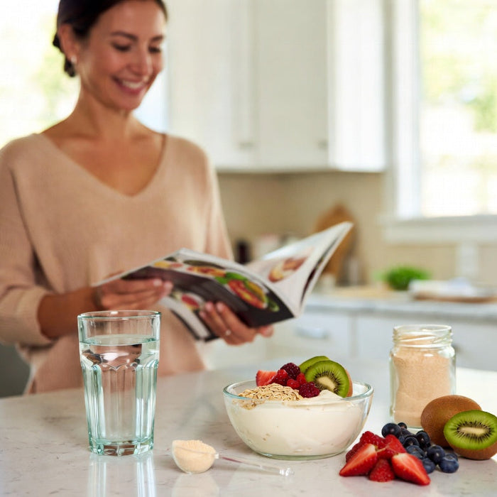 Collagen powder with yogurt, fruit, and water for digestive wellness