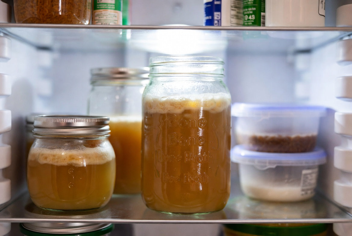 Jars of bone broth stored on a refrigerator shelf beside containers
