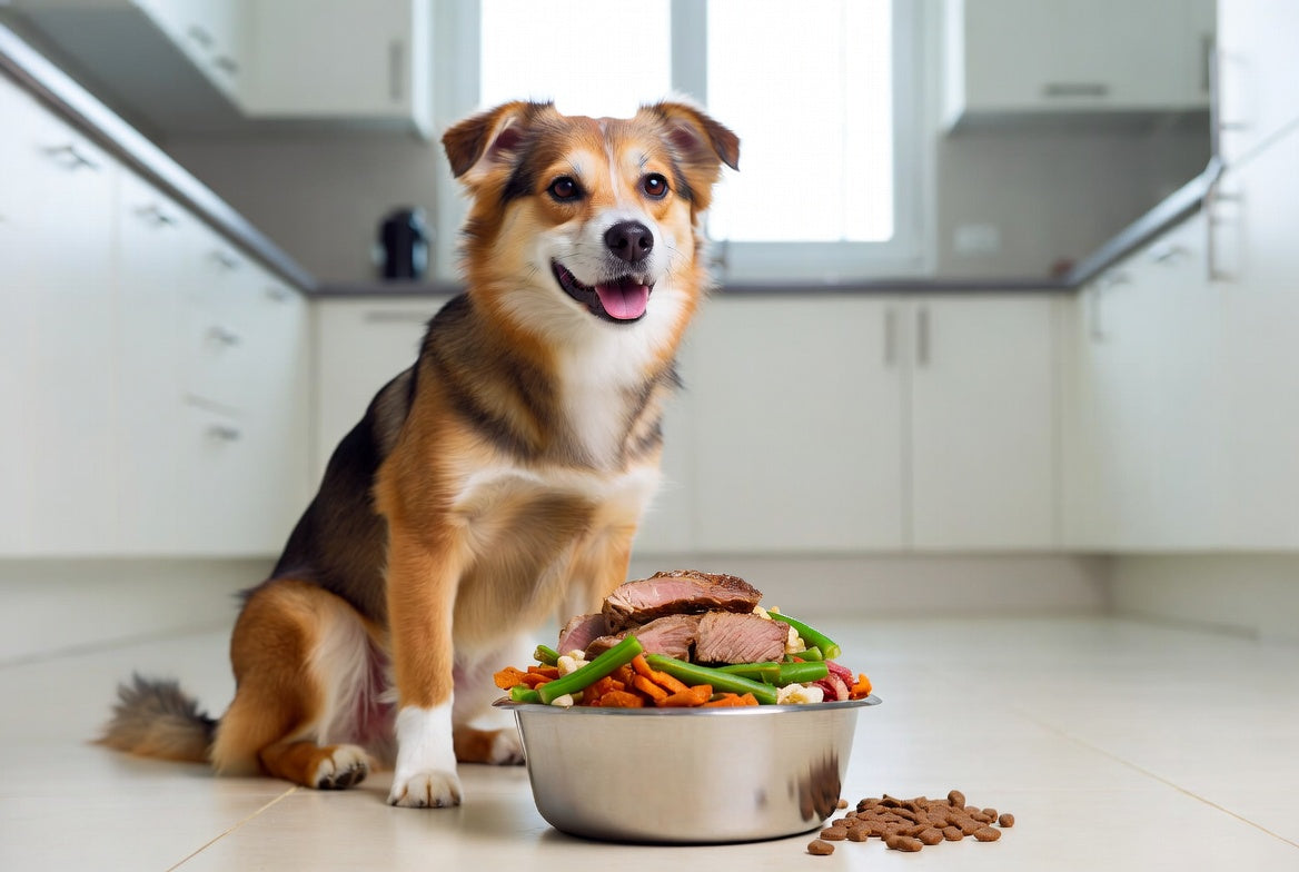 Happy dog with bowl of cooked lamb, vegetables and kibble meal