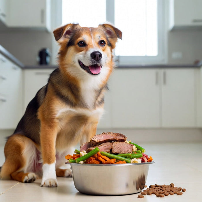 Happy dog with bowl of cooked lamb, vegetables and kibble meal