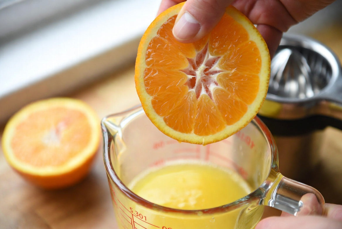 Fresh orange being squeezed into glass measuring cup