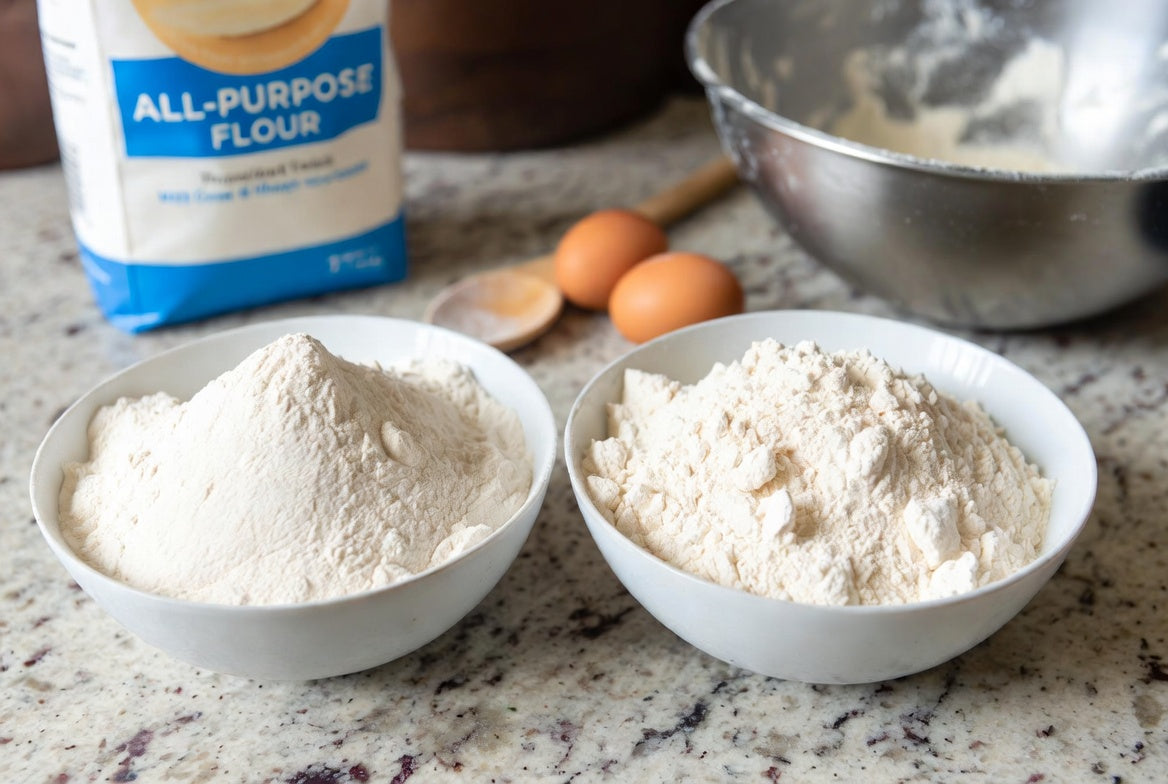 Two bowls of all-purpose flour ready for baking on kitchen counter