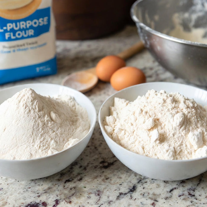 Two bowls of all-purpose flour ready for baking on kitchen counter