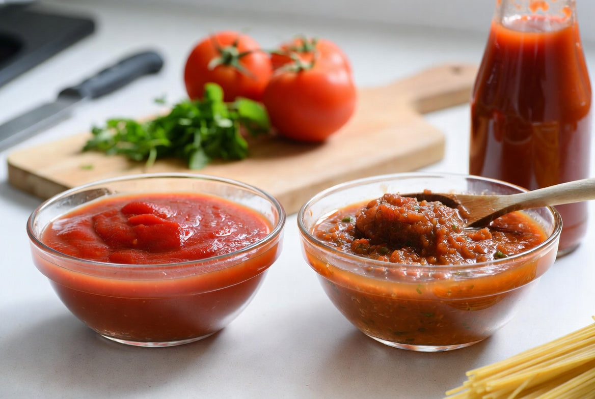 Ketchup and spaghetti sauce compared beside tomatoes and pasta