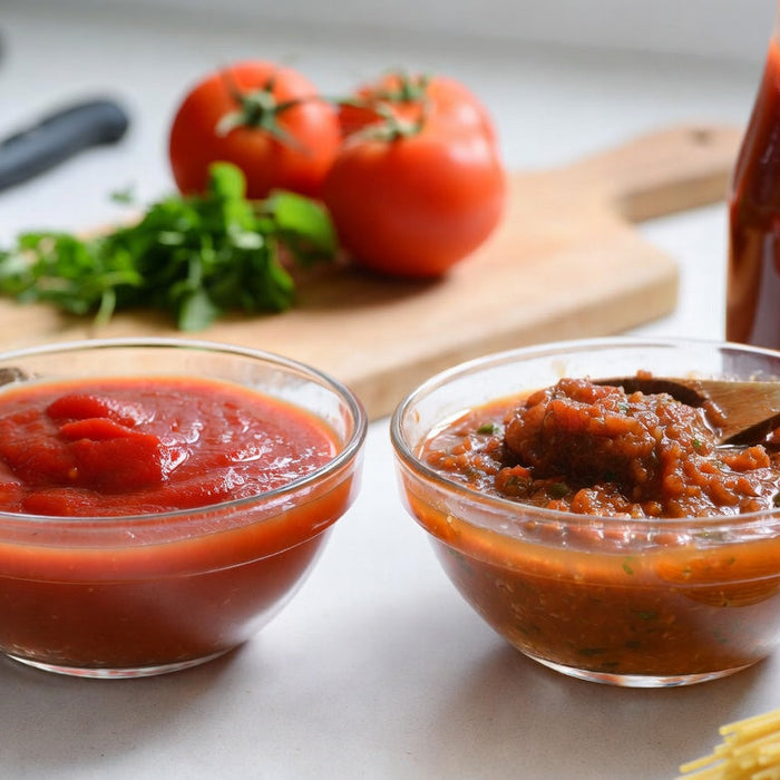 Ketchup and spaghetti sauce compared beside tomatoes and pasta