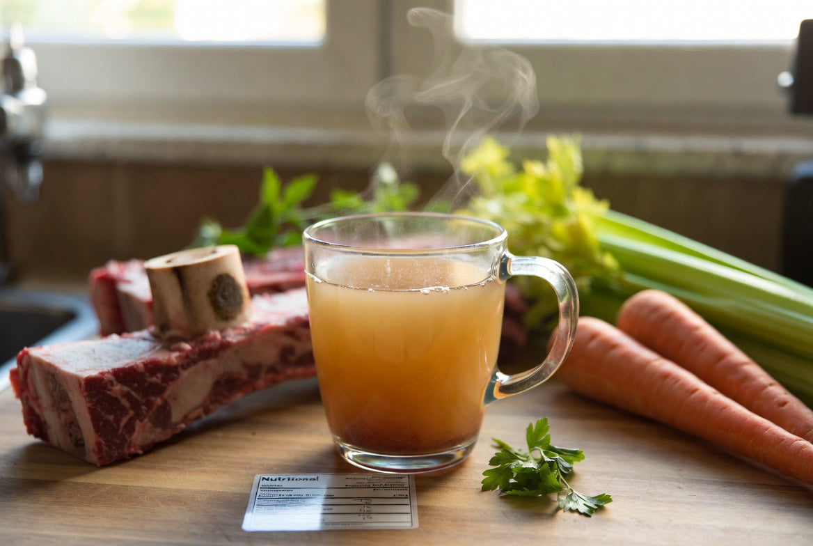 Steaming glass mug of bone broth with bones, carrots, and celery.