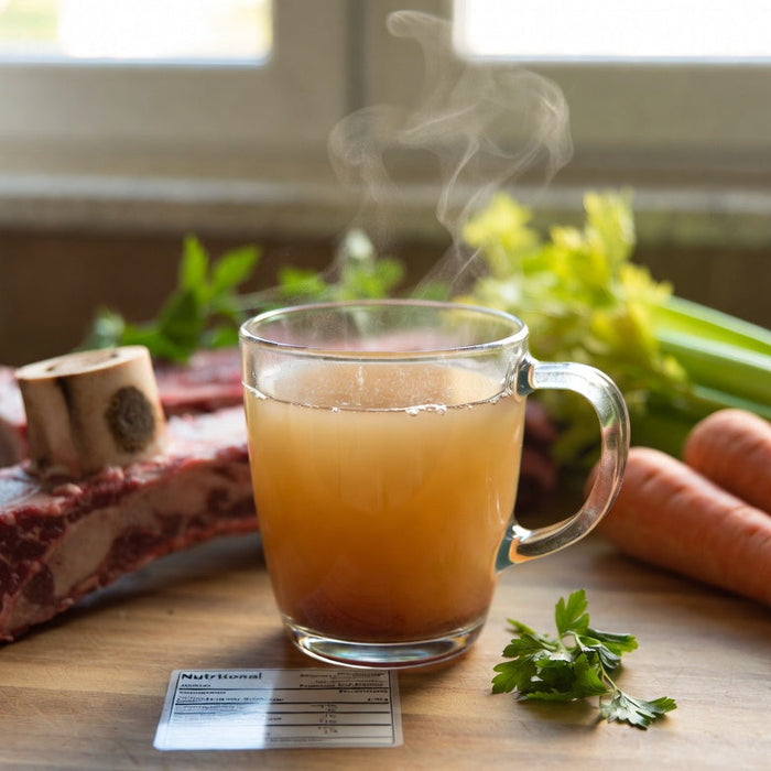 Steaming glass mug of bone broth with bones, carrots, and celery.