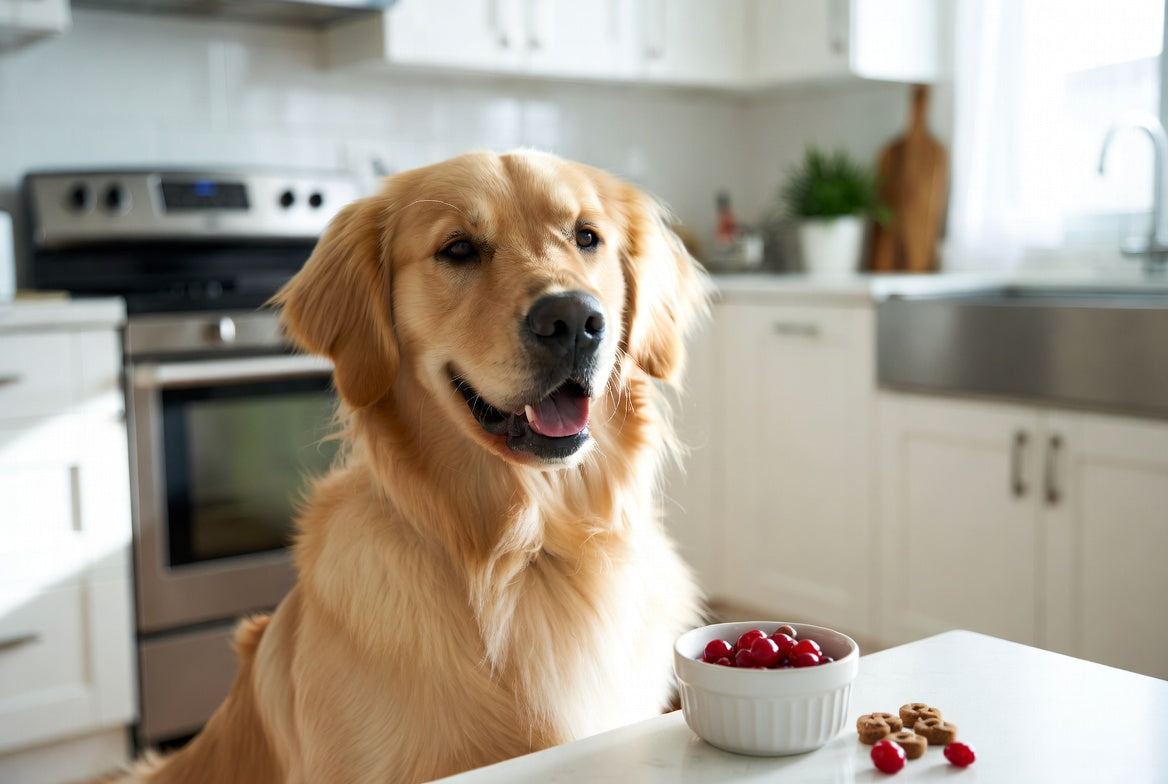 Golden retriever beside bowl of fresh cranberries in bright kitchen