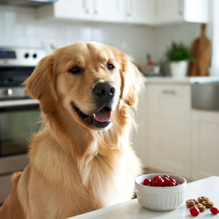 Golden retriever beside bowl of fresh cranberries in bright kitchen