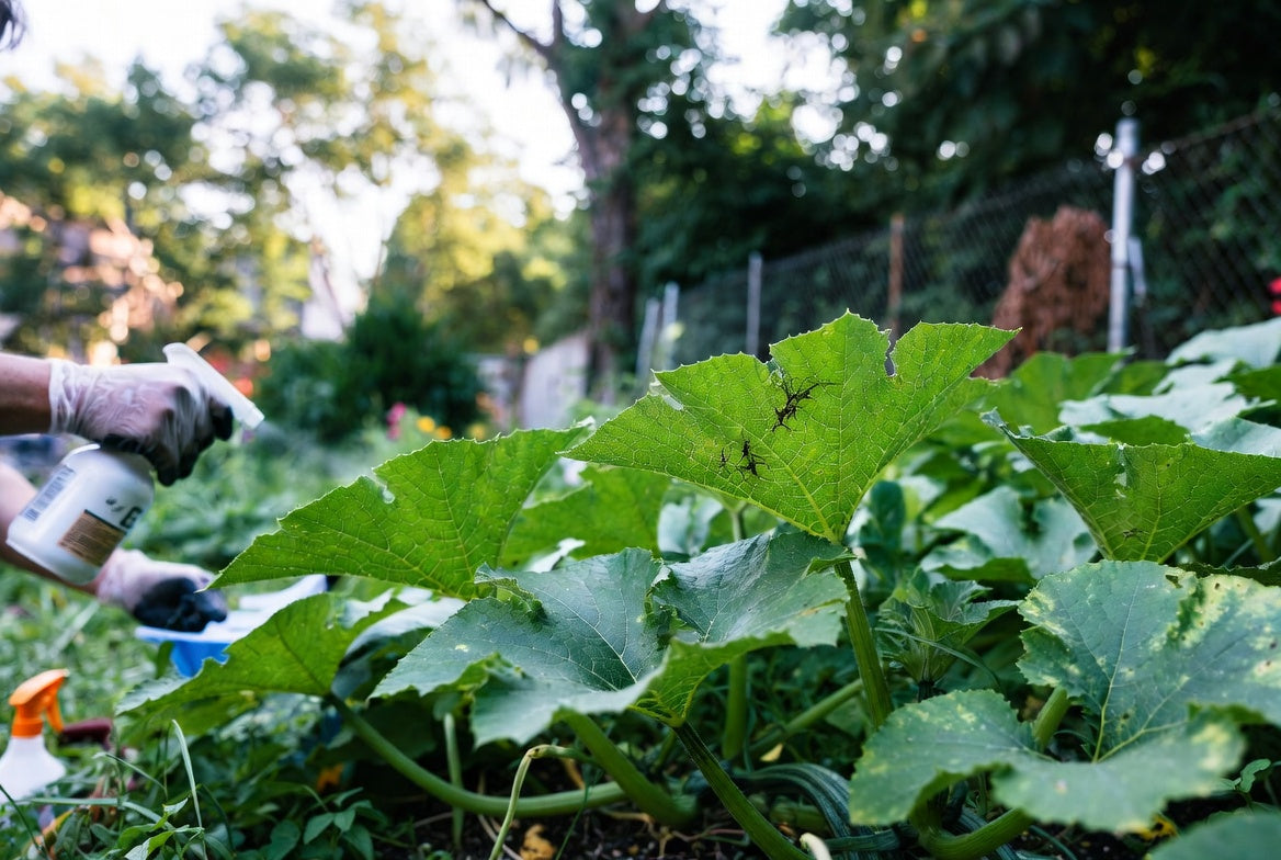 Gardener spraying squash plants with bugs on leaves outdoors