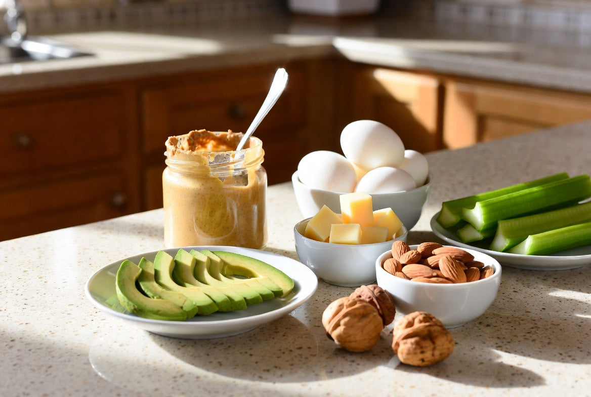 Peanut butter with avocado, eggs and nuts for a keto-friendly snack
