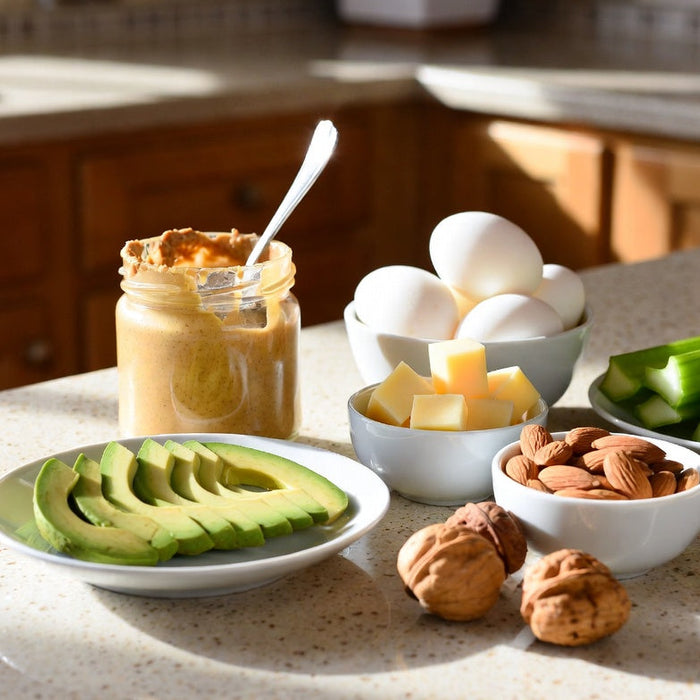 Peanut butter with avocado, eggs and nuts for a keto-friendly snack