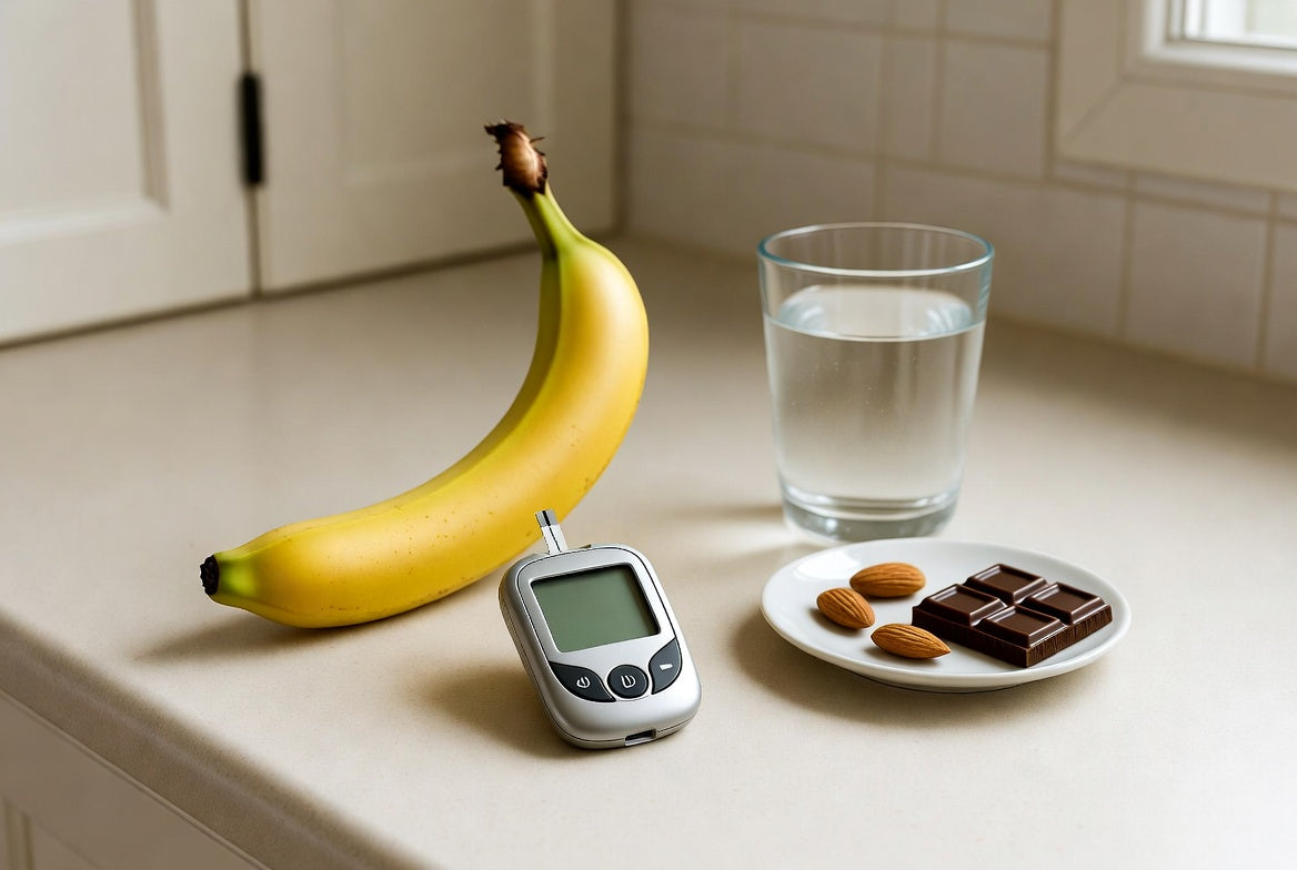 Bananas, glucose meter, water, almonds, and chocolate on counter top