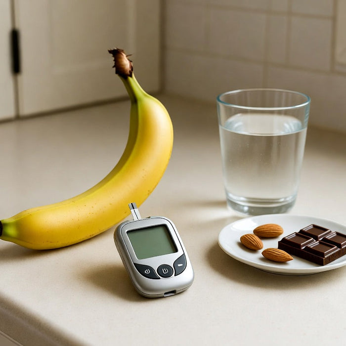 Bananas, glucose meter, water, almonds, and chocolate on counter top