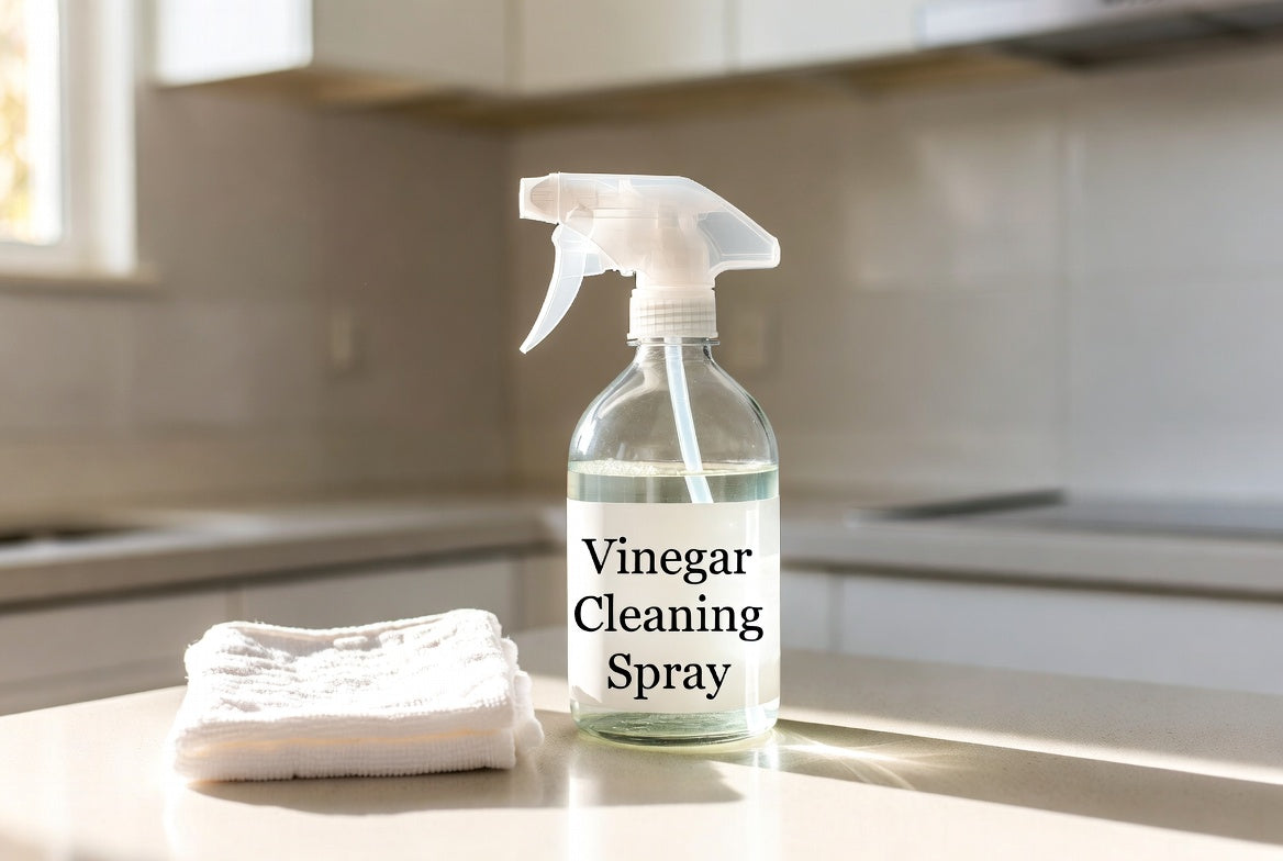 Bottle of vinegar cleaning spray with cloth on sunny kitchen counter
