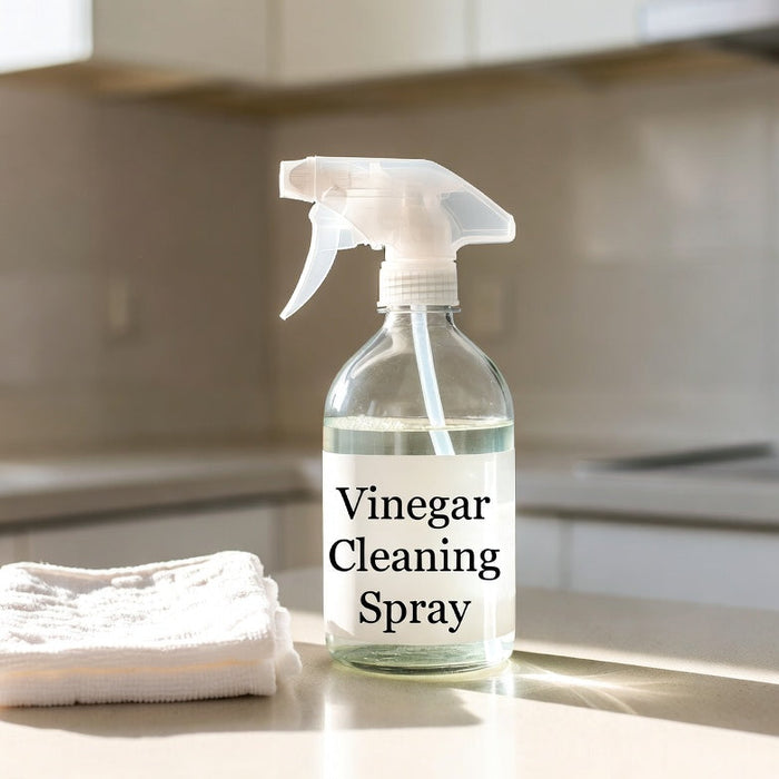 Bottle of vinegar cleaning spray with cloth on sunny kitchen counter