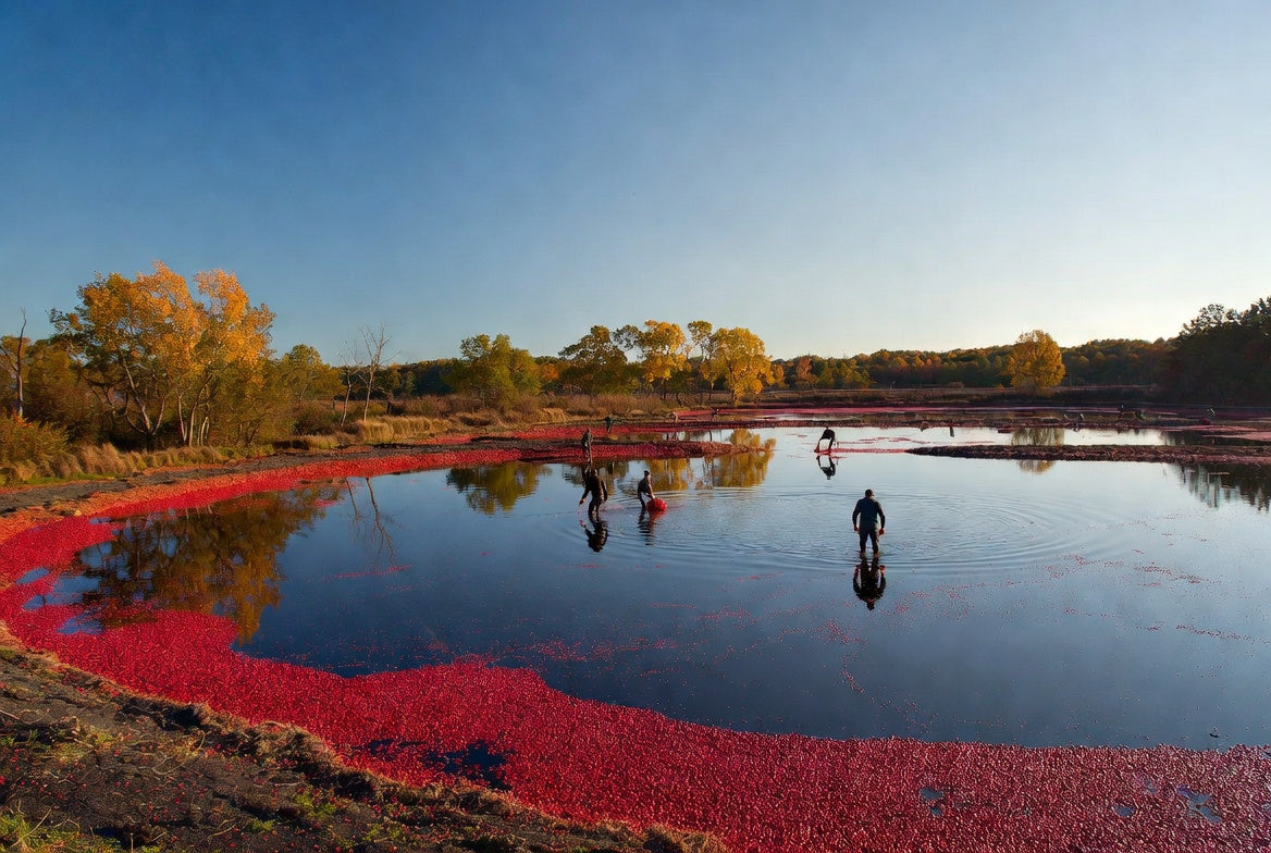 Harvested cranberries floating in bog with workers in autumn field