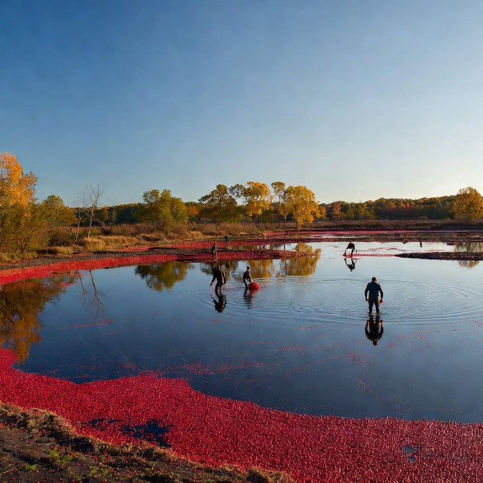 Harvested cranberries floating in bog with workers in autumn field