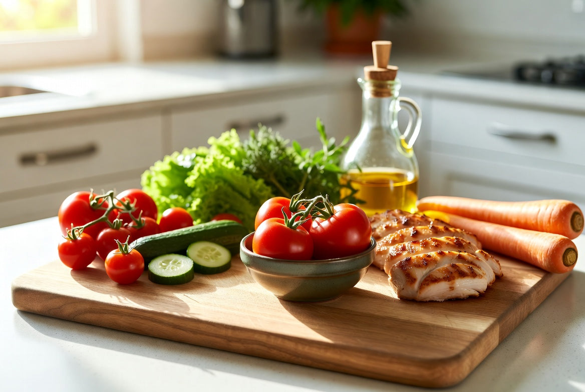 Fresh tomatoes with grilled chicken and vegetables for low FODMAP meals
