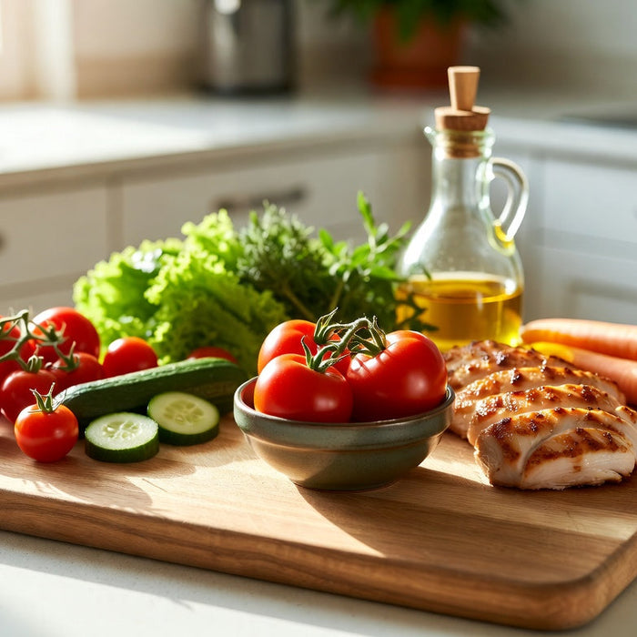 Fresh tomatoes with grilled chicken and vegetables for low FODMAP meals
